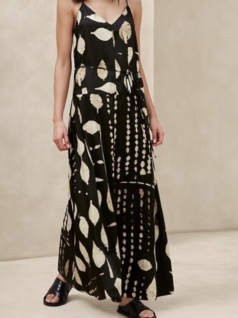 Banana Republic Abstract Black Tie-Waist Maxi Dress with Gold Leaf Motif